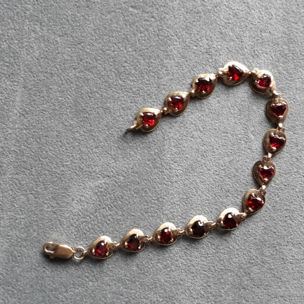 ❤💎14k Gold Eternity Heart Link Bracelet W/14 Natural Garnet Heart Stones 7 1/4" - Picture 6 of 6